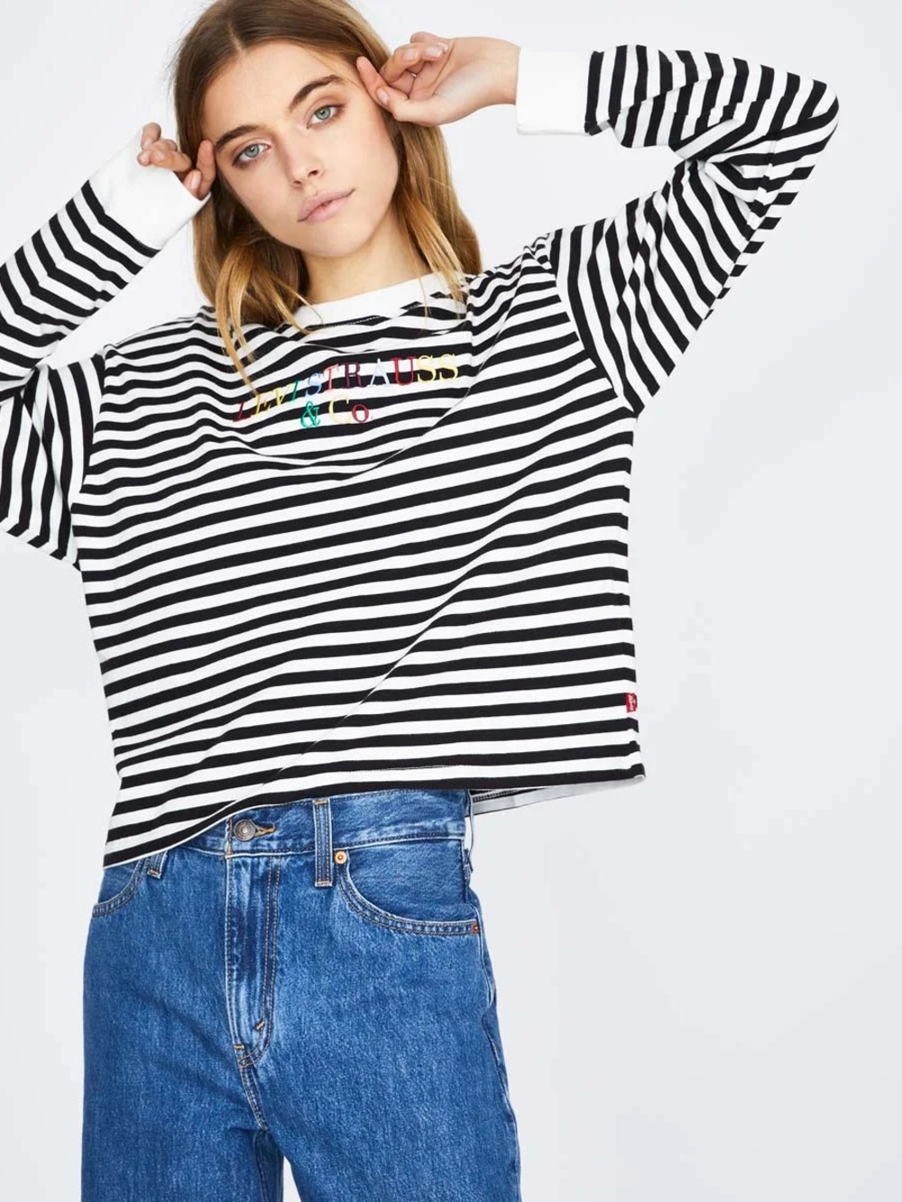 Levi's Black & White Striped Long-Sleeve Tee with Colorful Embroidered Logo